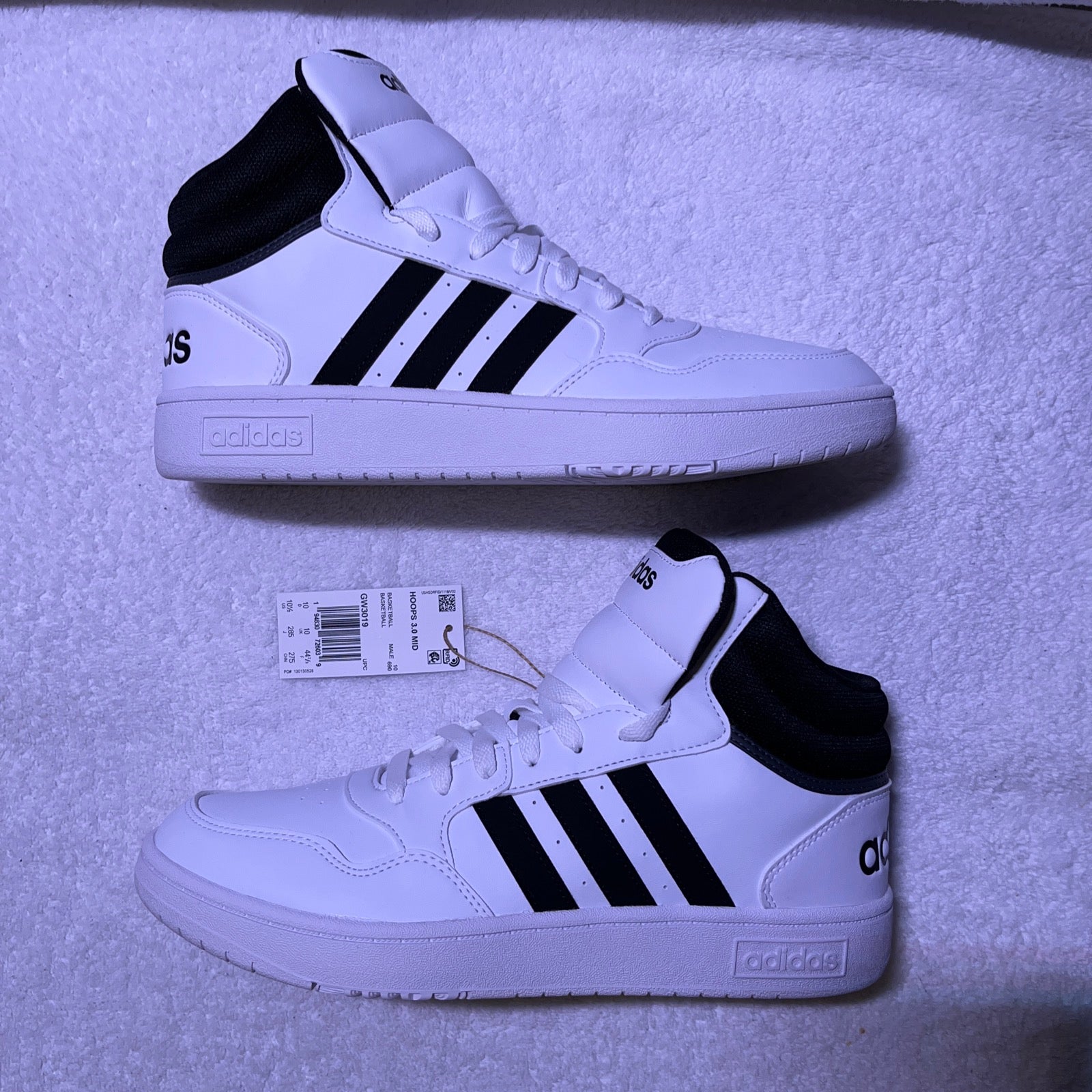 10.5M Adidas Hoops 3.0 Mid White/Black Stripes (GW3019)