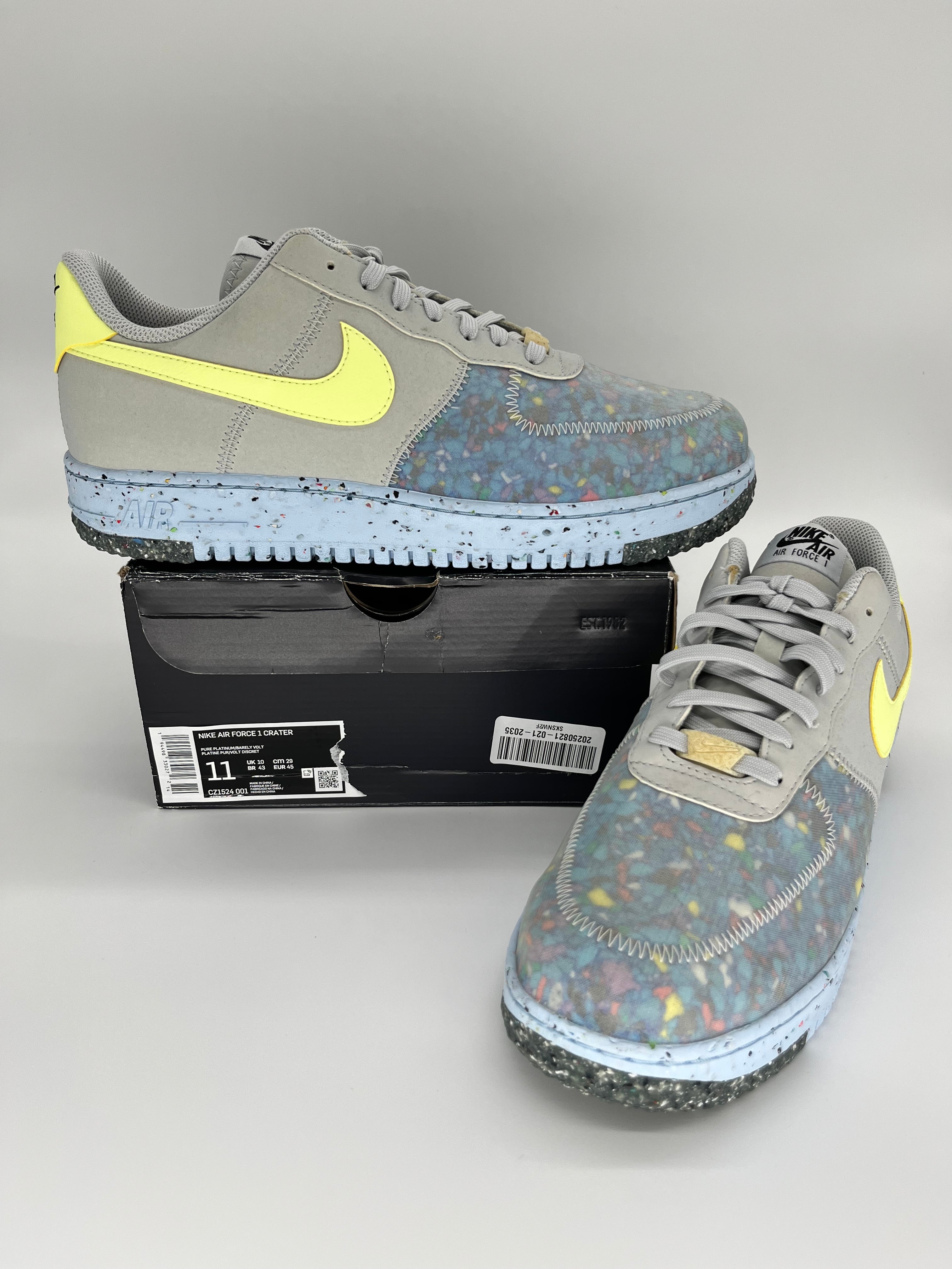 11M Nike AirForce 1 Crater Pure Platinum/Barely Volt & Black/Black-Photon Dust (CZ1524-001 & CZ1524-002 Bundle)