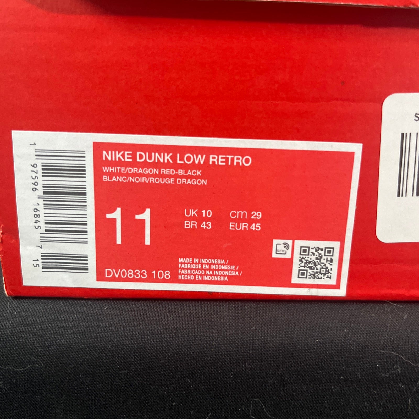 11M Nike Dunk Low White/Black/Dragon Red (DV0833-108)